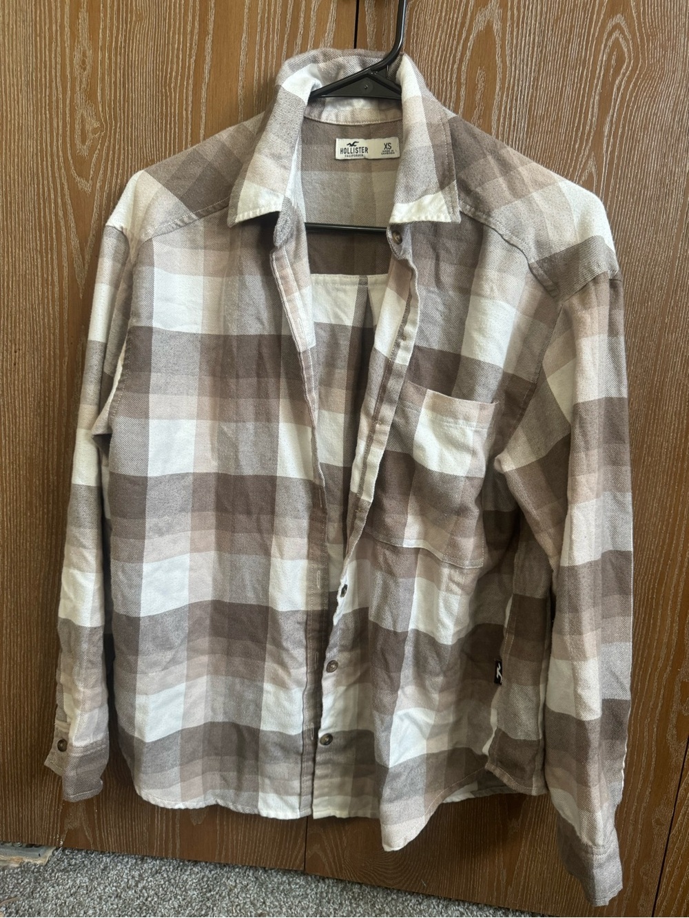 Hollister Cream and Grey Plaid Button-Down Shirt